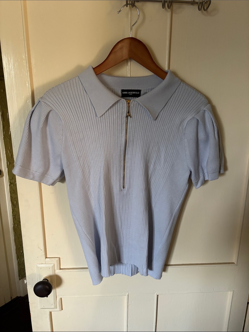 Karl Lagerfeld Pale Blue Ribbed Zip-Polo Short Sleeve Top